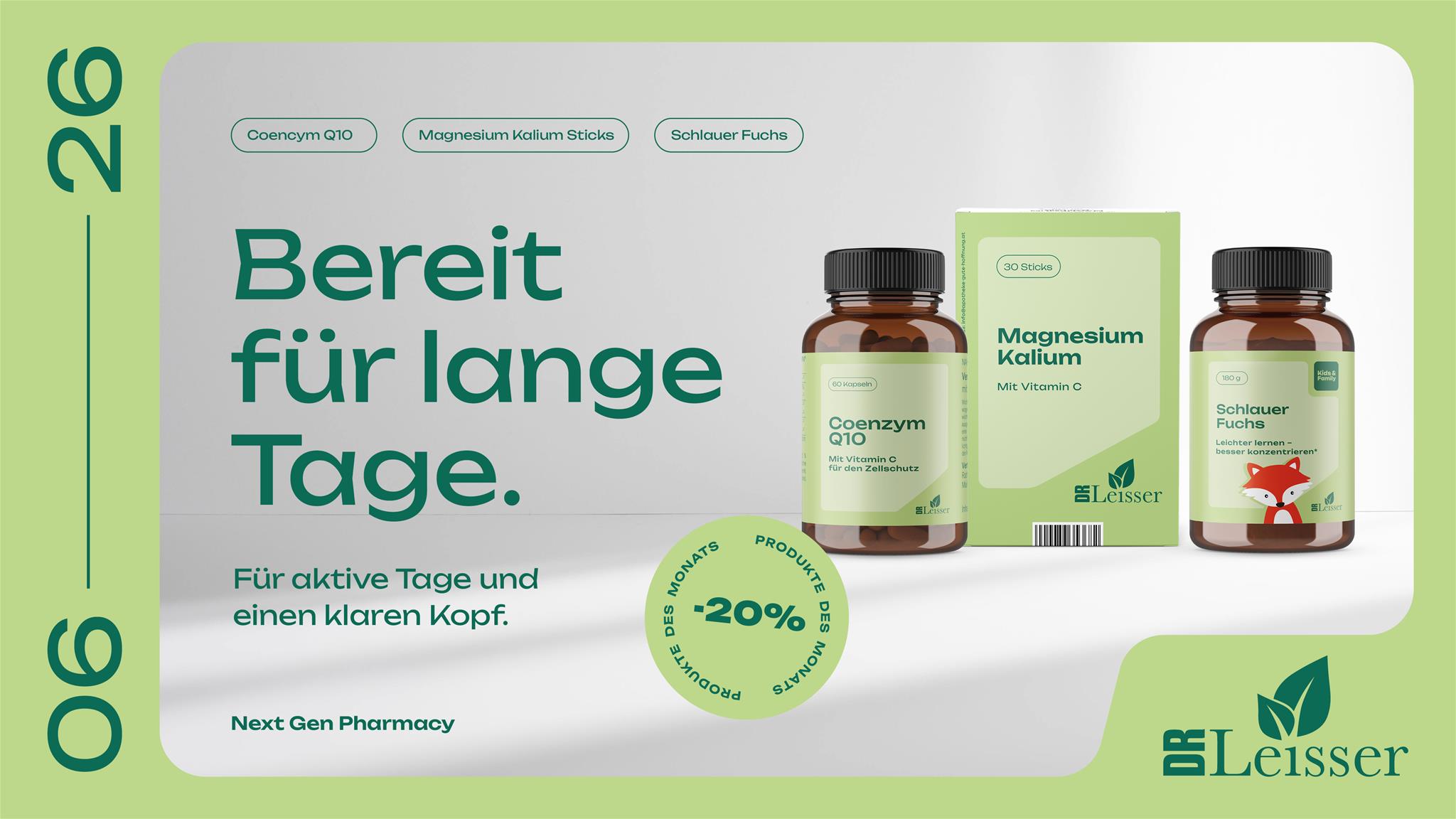 Mai Aktion mit 20% Rabatt auf Coencym Q10, Magnesium Kalium Sticks & Schlauer Fuchs